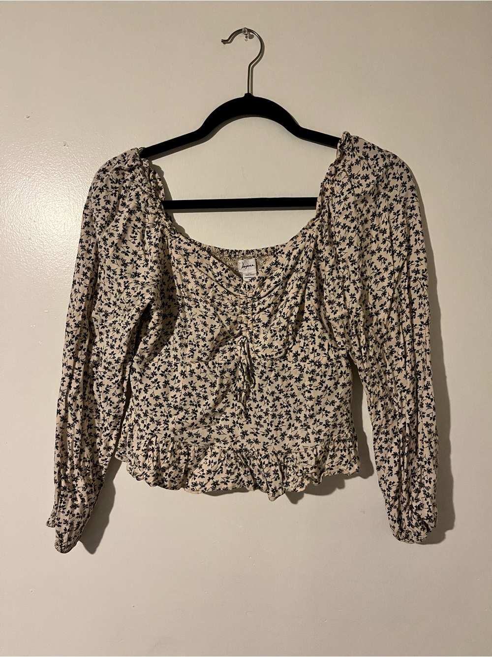 Japna Cream Floral Peasant Top with Black Print
